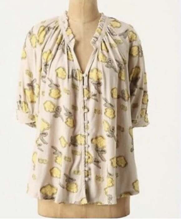 Anthropologie Tops - Anthropologie ETT TWA Yellow Floral Shirt Top Blouse Boxy Beige Tan Sz XS